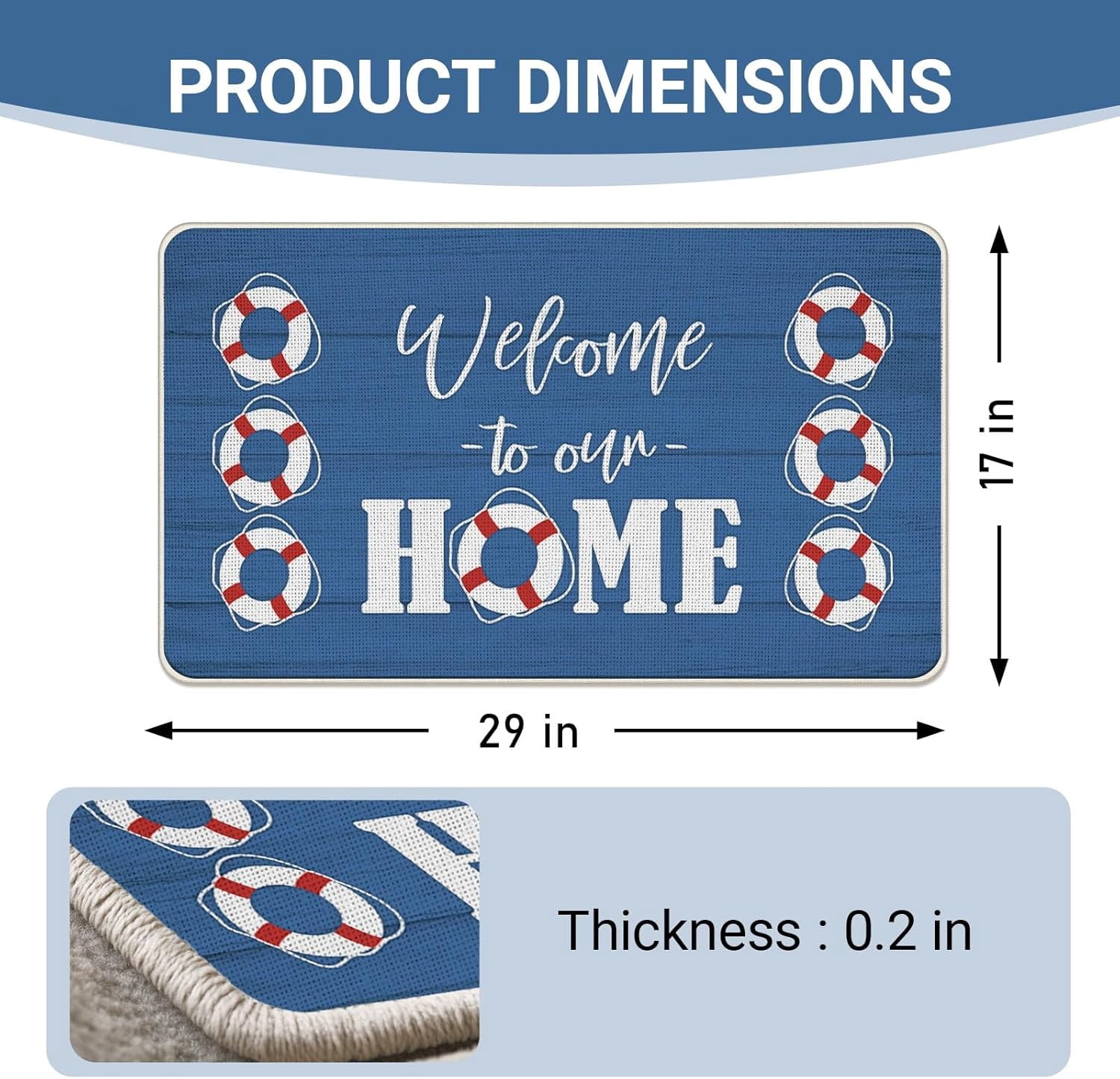 Nautical Welcome to Our Home Front Door Mat, Coastal Beach Lifebuoy Decorative Doormat Non-Slip Floor Entryway Rug, Farmhouse Low Profile Indoor Outdoor Home Kitchen Decoration 17x29 Inches