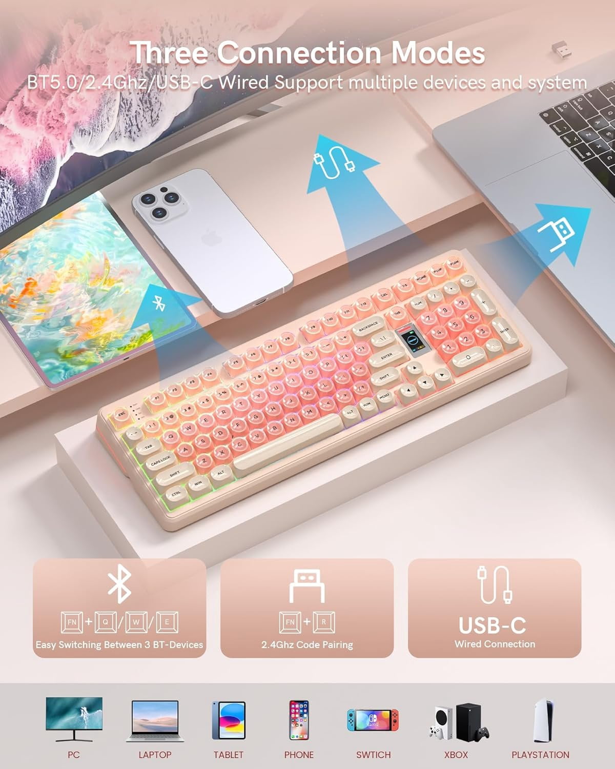 Foundation Mechanical Keyboard,98% Creamy Keyboard Gaming Keyboard,3 Mode with Multimedia Screen,RGB Backlit,Jelly MOA Profile keycaps for Win/,
