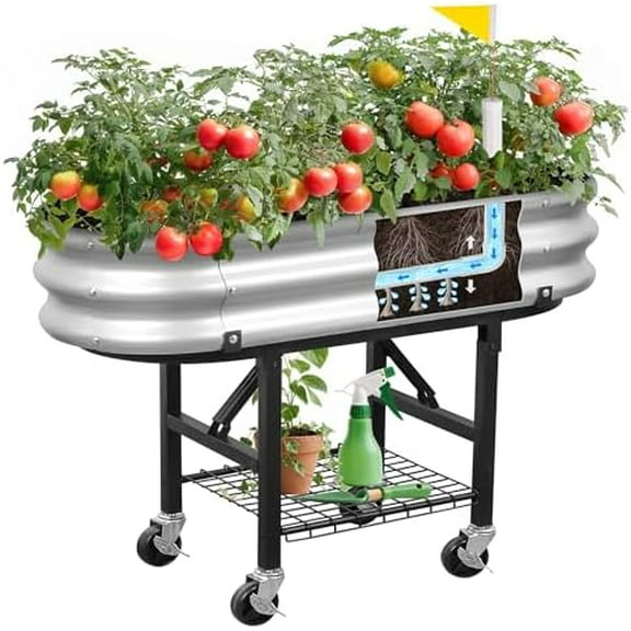 Raised Garden Bed with Legs and Heavy Duty Wheels, Self-Watering Planter Box, Easy-Install Foldable Stand, Galvanized Metal Elevated Wicking Bed with Liner for Indoor Outdoor Gardening$$
