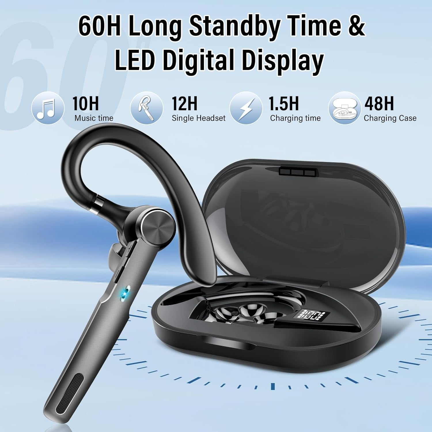Bluetooth Headset, Wireless Earpiece with ENC Microphone, Single-Ear Bluetooth Earpiece V5.3 with Earhook, 60H Talktime, IP7 Waterproof Hands Free Earphones for for Business/Office, Carbon Black