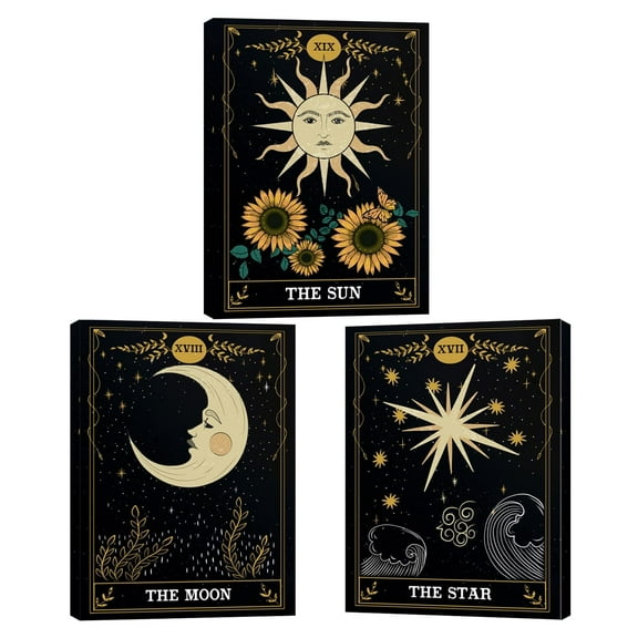 Set of 3 Tarot Cards Celestial Canvas Prints Wall Art Star Sun And Moon Print Poster Mystic Themed Art Astrology Art Boho Decor Medieval Europe Room Decor For Bedroom, Living Room