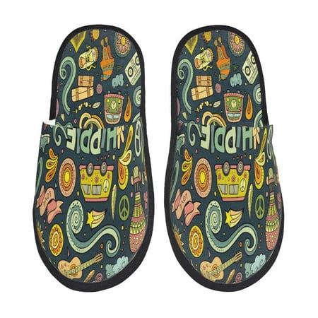 Balery Colorful Hippie Slient Indoor Furry Fleece Comfort House Shoes Soft Non-Slip Home Shoes Cotton slippers House Slippers-- Large