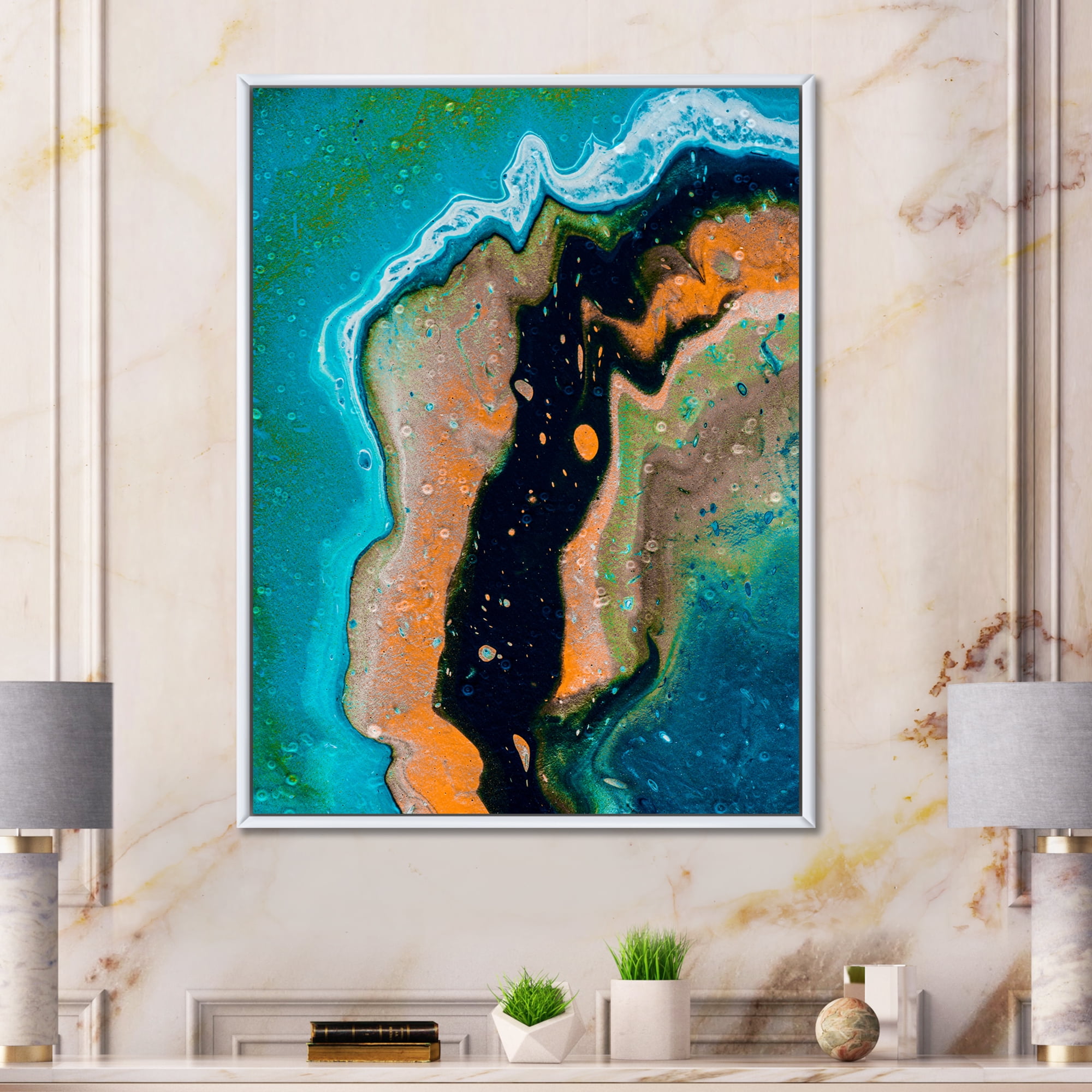 Designart 'Abstract Composition In Black and Orange' Modern Framed Canvas Wall Art Print