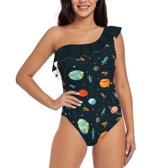 Space Adventure Sexy One Shoulder One Piece Swimsuit New Mesh Patchwork Swimwear Monokini Space Planet Cartoon Pattern Vector