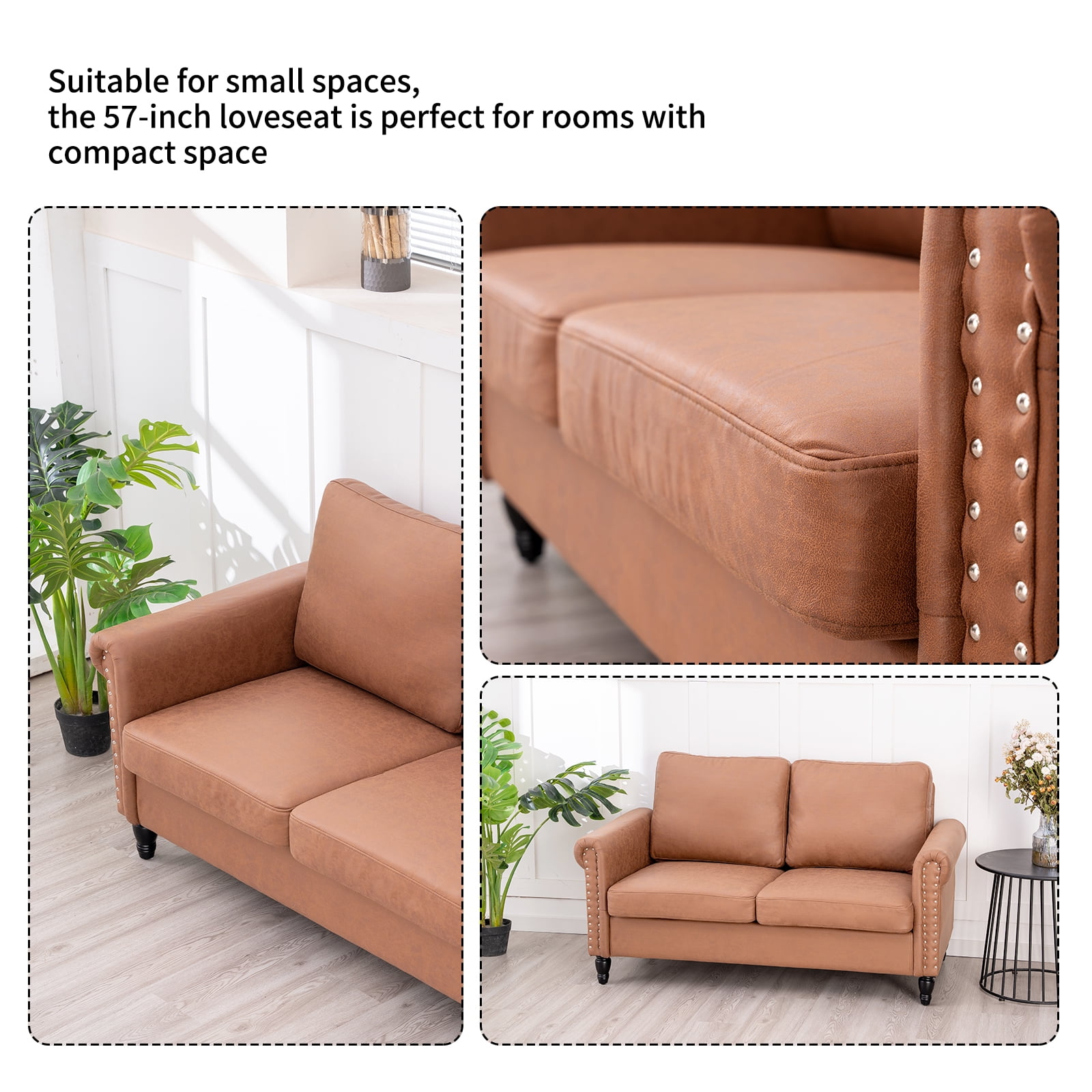 57 Loveseat Sofa,2 Seat Couch with Faux Leather Fabric,Small Couches for Small Spaces with Solid Wood Legs,Comfy Love Seat Sofa for Living Room,Bedroom,Apartment