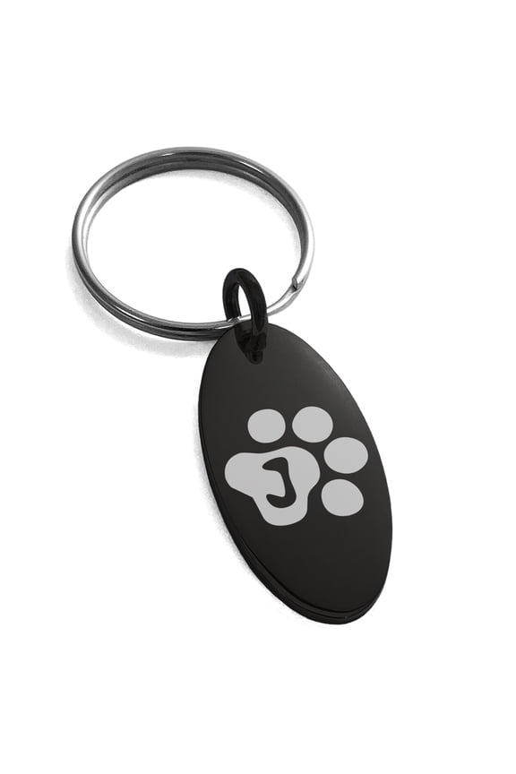 Stainless Steel Letter J Initial Cat Dog Paws Monogram Engraved Small Oval Charm Keychain Keyring