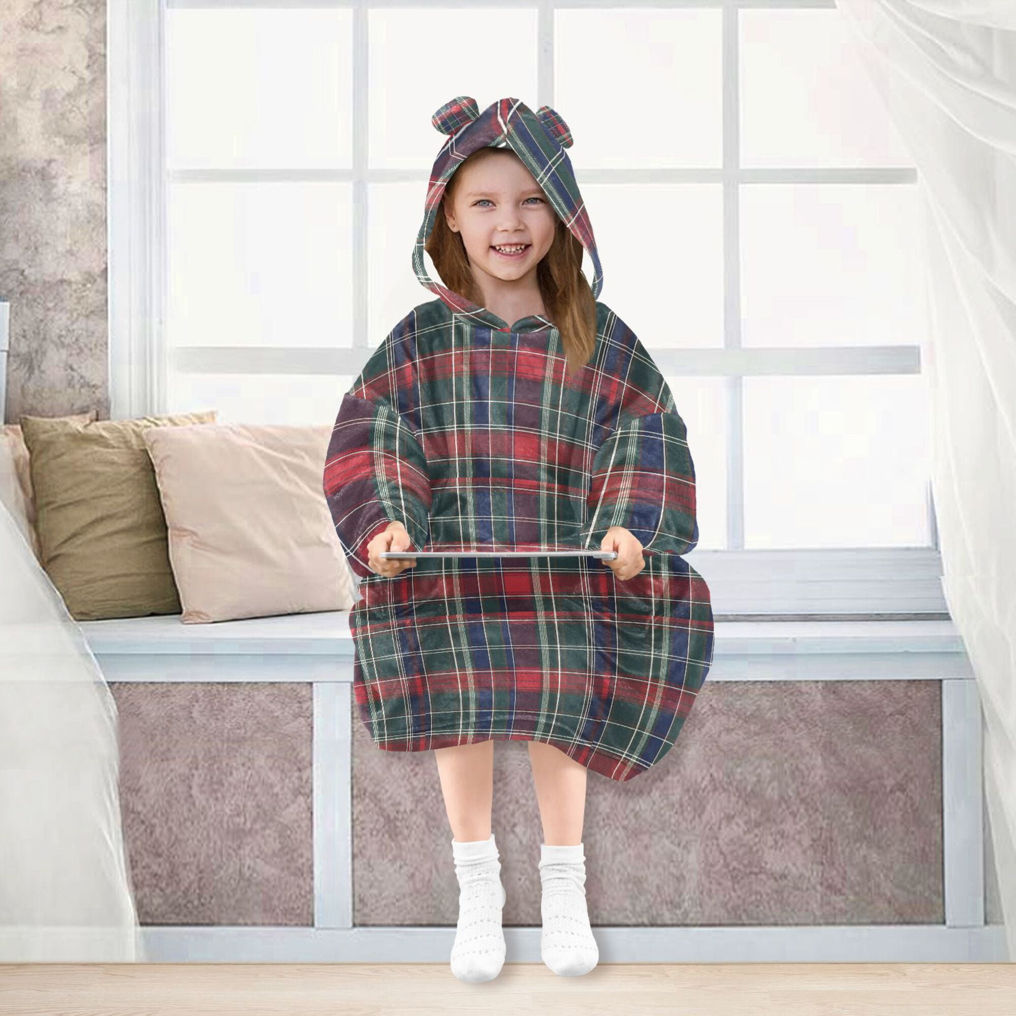 FORMRS Wearable Blanket Hoodie with Sleeves for Kids Cozy Flannel Sweatshirt, Warm Tartan Mosaic
