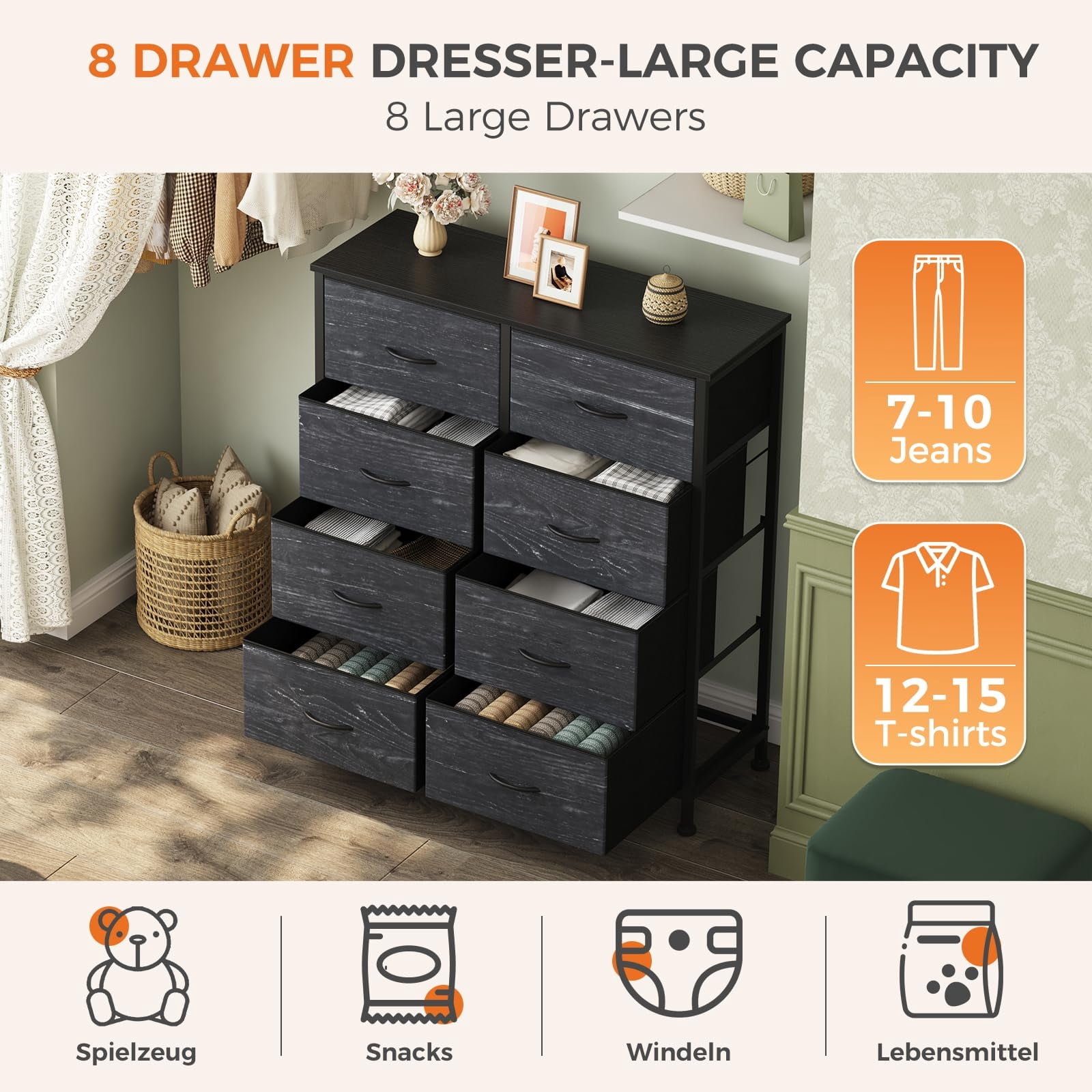 Telyra 8-Drawer Fabric Dresser Tall Storage Tower with Wood Top and Steel Frame Bedroom Closet Organizer, Black Wood Grain