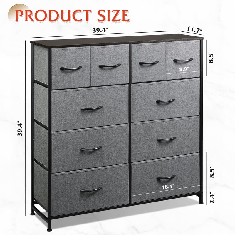 Kelno 10 Drawers Fabric Cabinet Metal Frame Wide Wood Top Tall Storage Tower TV Stand Clothes Organizer for Bedroom Living Room,Grey
