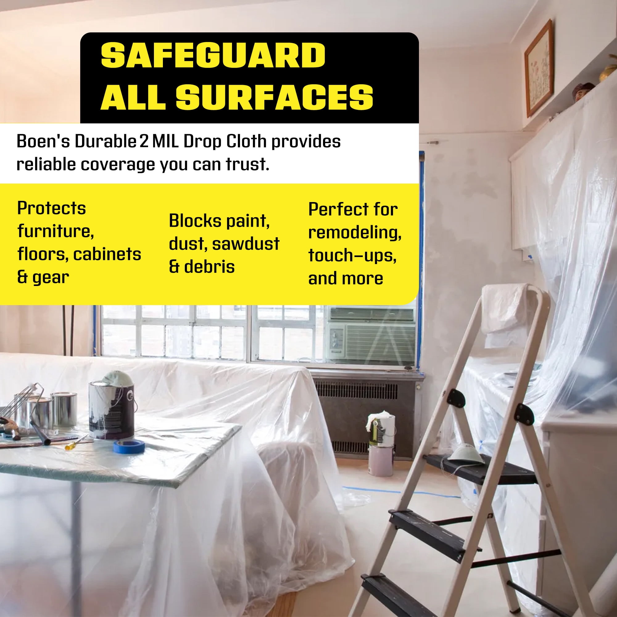 BOEN 9x12 Plastic Drop Cloth – 12-pack 2 Mil Painters Plastic Sheeting Roll – Waterproof Dust & Paint Cover for Furniture, Floors, Moving & Window Insulation – Disposable Tarp for Home Renovation