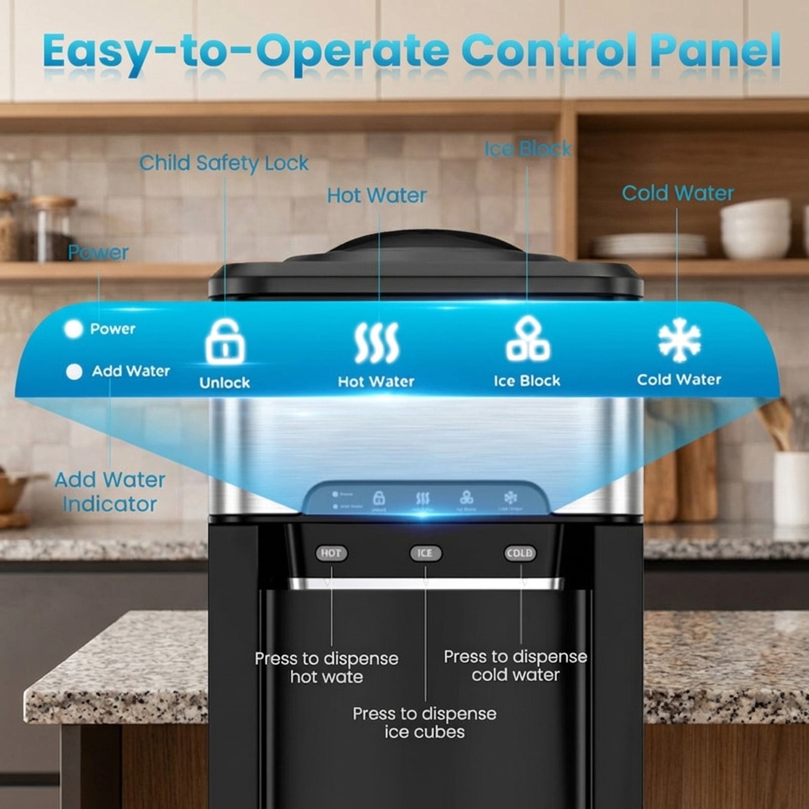 RUIE Water Cooler Dispenser,3-in-1 Water Dispenser with Built-In Ice Maker and 40 Lbs/Day Production,Hot and Cold Water,Child Lock,Water Cooler for Home Office Kitchen