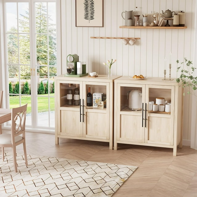 EDTara 29" Large Buffet Sideboard Cabinet with 2 Glass Doors and Shelves, Modern Farmhouse Storage Cabinet Table for Kitchen Dining Room, Living Room, Hallway