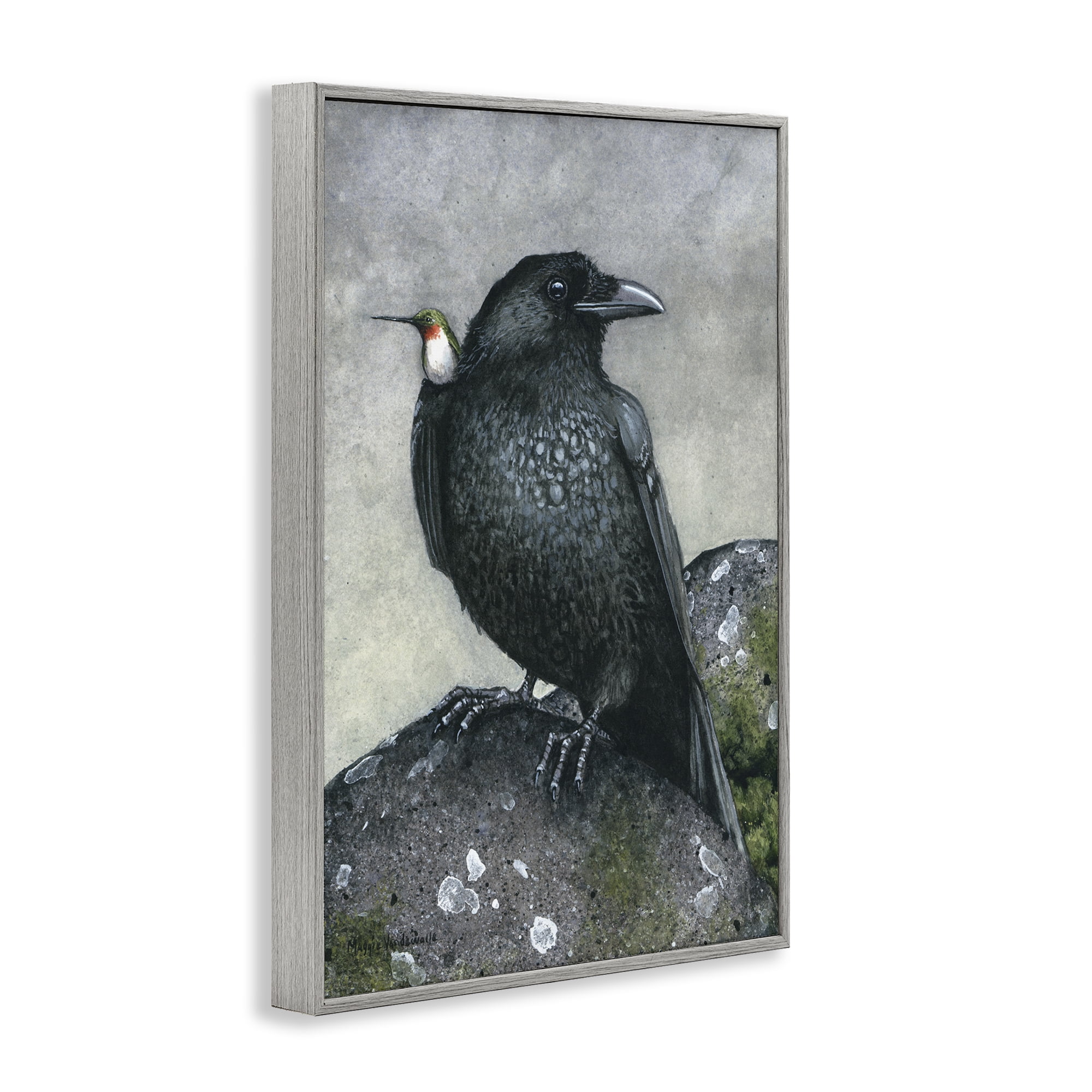 Stupell Industries Crow & Hummingbird Perched Animals & Insects Painting Gray Framed Art Print Wall Art, 20 x 30