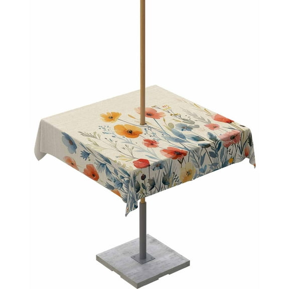 Country Flowers Spring Summer Plants Square Tablecloth with Zipper,Waterproof Table Cloth with Umbrella Hole Patio Tablecloths for Outdoor Tables,Pastoral Floral Retro Linen Spillproof Table Cover