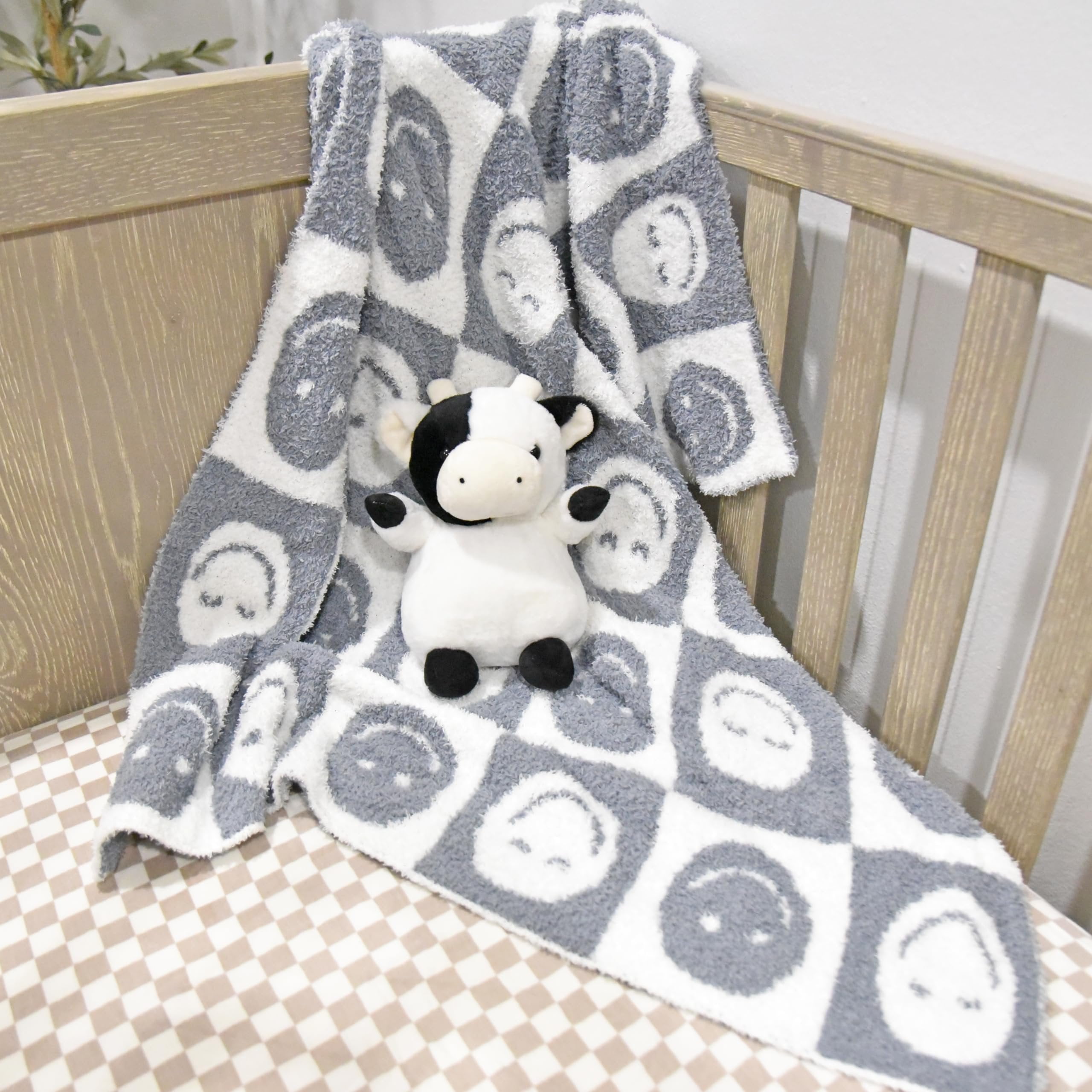 Checkered Smiley Face Baby Blanket 28"x40" with Leather Patch - Soft Knitted Throw - Receiving Blanket/Newborn Gift Gray/White