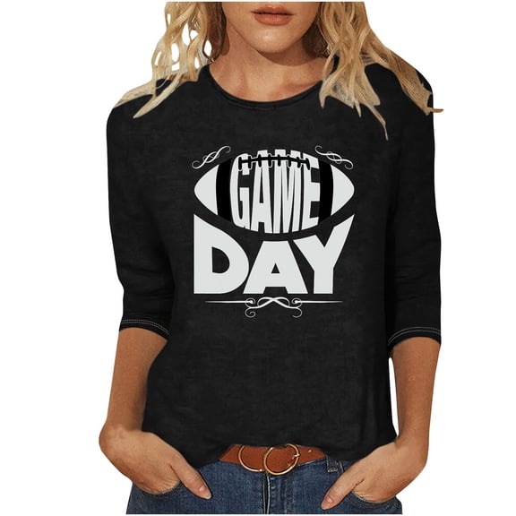 Rugby Football Shirts for Women 2025 Plus Size 3/4 Sleeve Tops Loose Casual Crew Neck Blouses Game Shirt, Black, XXXXXL