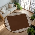 thumbnail image 3 of Dark Brown Geometric 5ft Round Rug, White Greek Key Design Abstract Modern Art Non-Skid Rubber Backing Large Area Rugs - Living Room Bedroom Home Office, Indoor Floor Mat Carpets Washable Rug, 3 of 9