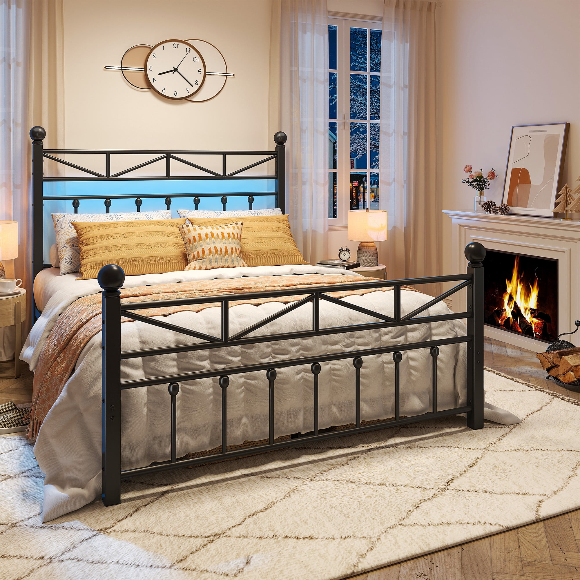 EnHomee Full Size Metal Platform Bed Frame Metal Bed Frame Full with Headboard & Footboard Bed Frame with LED Lights & Storage, Noise Free, Black