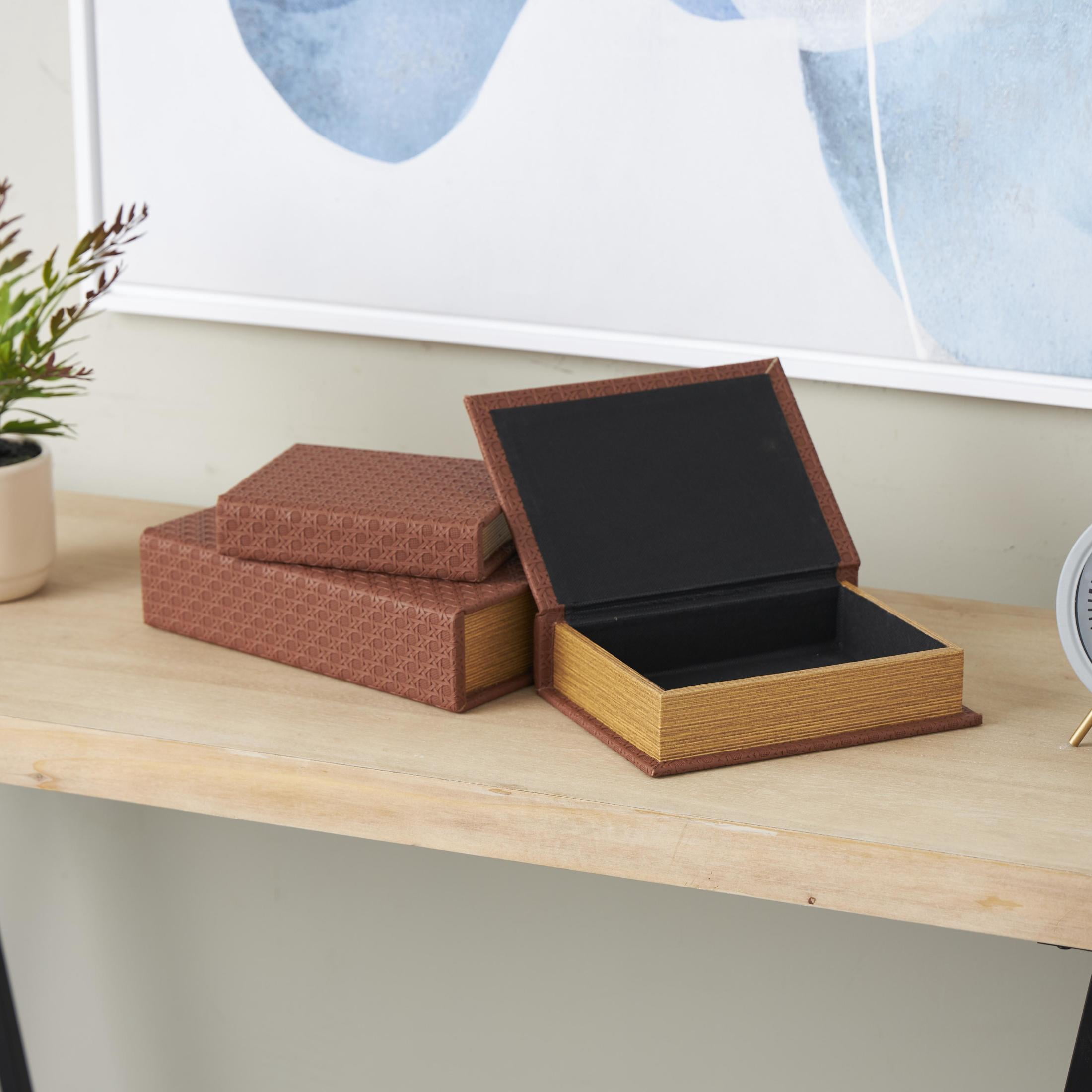 DecMode Woven Grid Faux Book Storage Copper Faux Leather Decorative Box, 3 Count