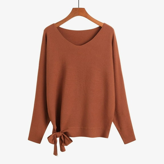 Qetyuw Fall Knitted Sweater for Women Batwing Long Sleeve V Neck Pullover Jumper Bow Tie Hem Solid Color Casual Sweaters