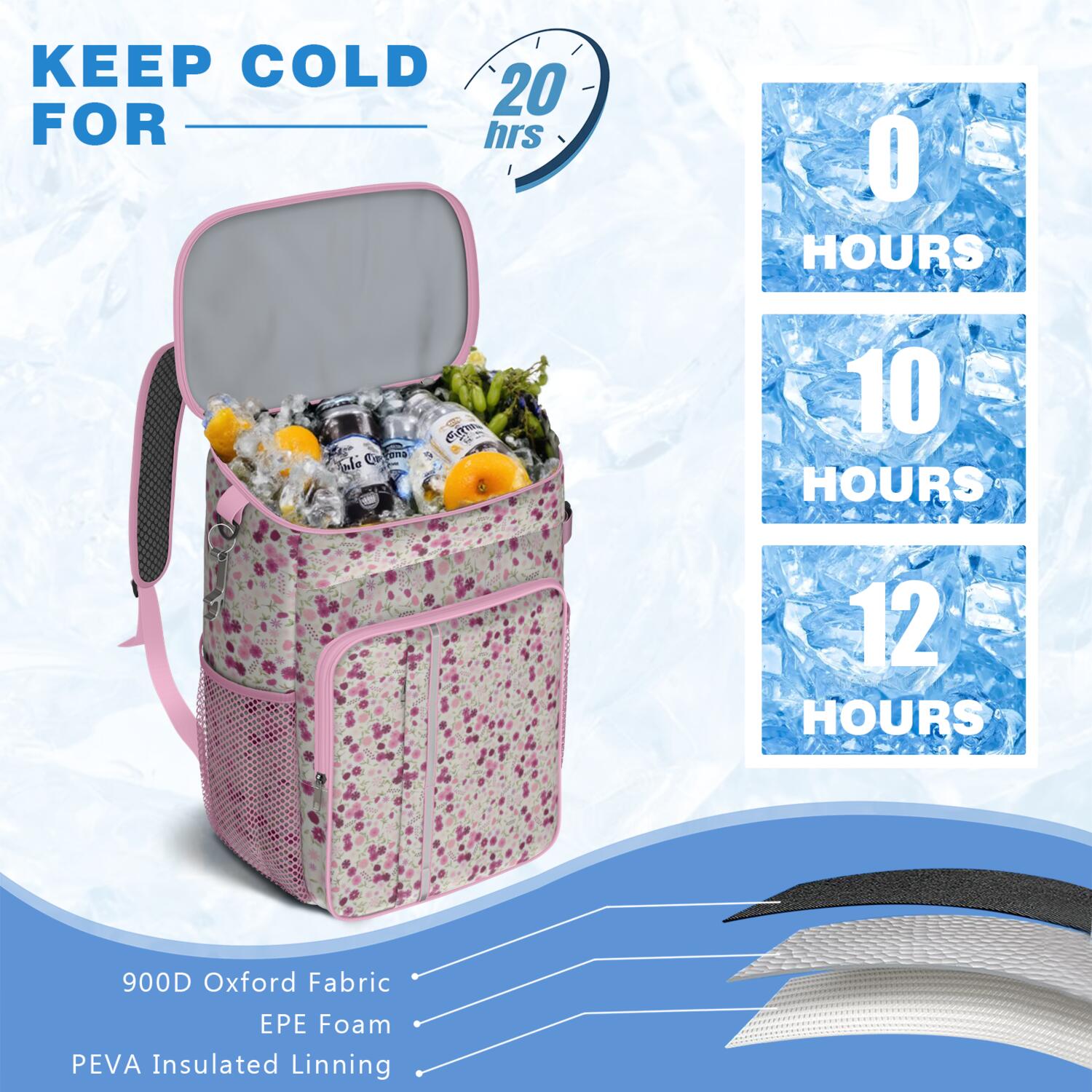 Travel Cooler Bag - Pioneer Flower Floral Print Pattern Camping Beer Cooler Backpack with Bottle Opener- Waterproof Insulated Picnic Backpacks - Cooler Bag for Beach
