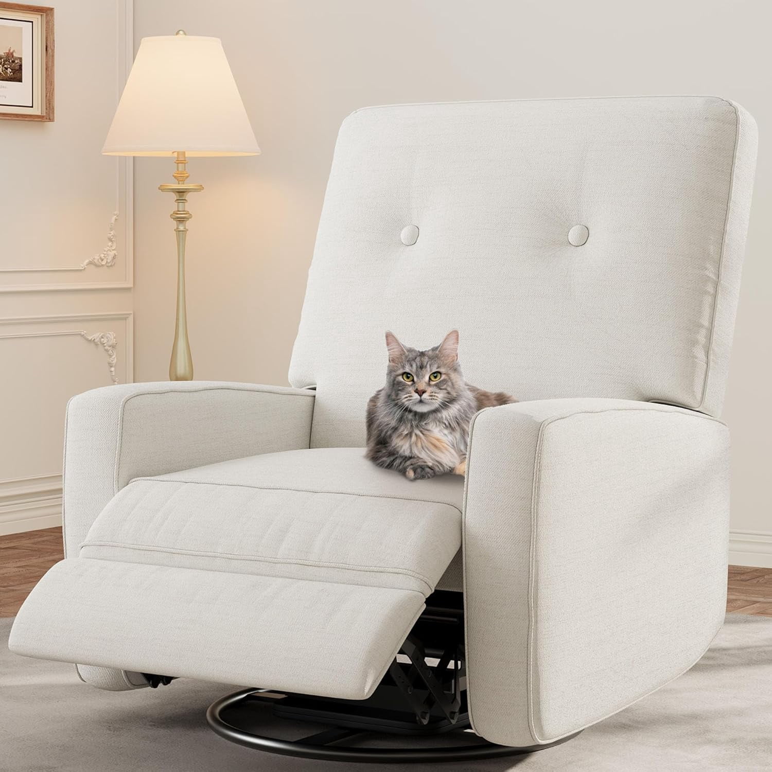 Nursery Recliner Chair, 360° Swivel Rocking Glider Chair for Adults with Adjustable Backrest & Footrest, Cozy Linen Upholstered Armchair for Living Rooms, Bedrooms, Apartments, Beige