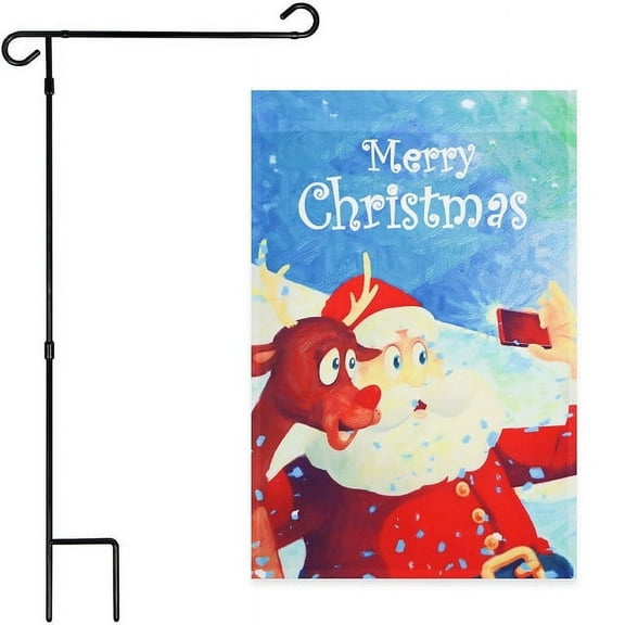 G128 2sets: 36"x16" Garden Flag Stand Black & 12x18" Christmas Garden Flag Santa Reindeer Selfie