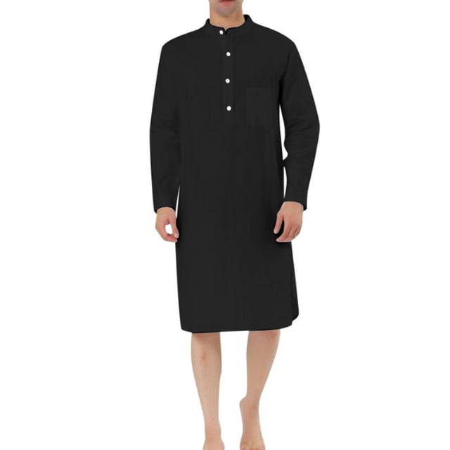 Aqestyerly Men Long tops Men'S Muslim Robe Set Arab Middle Robe Long Sleeve Standing Neck Pocket Button Casual Robe