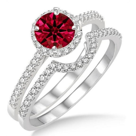 2.25 Carat Fantastic Mind Blowing Moissanite Diamond Red Ruby Halo Bridal Set Engagement Ring on 10k White Gold