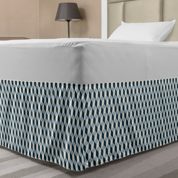 Retro Bed Skirt, 3D Style Cubes Squares Pattern Geometric Old Fashioned Abstract Futuristic, Elastic Bedskirt Dust Ruffle Wrap Around for Bedding Decor, 4 Sizes, Blue Pale Blue White, by Ambesonne