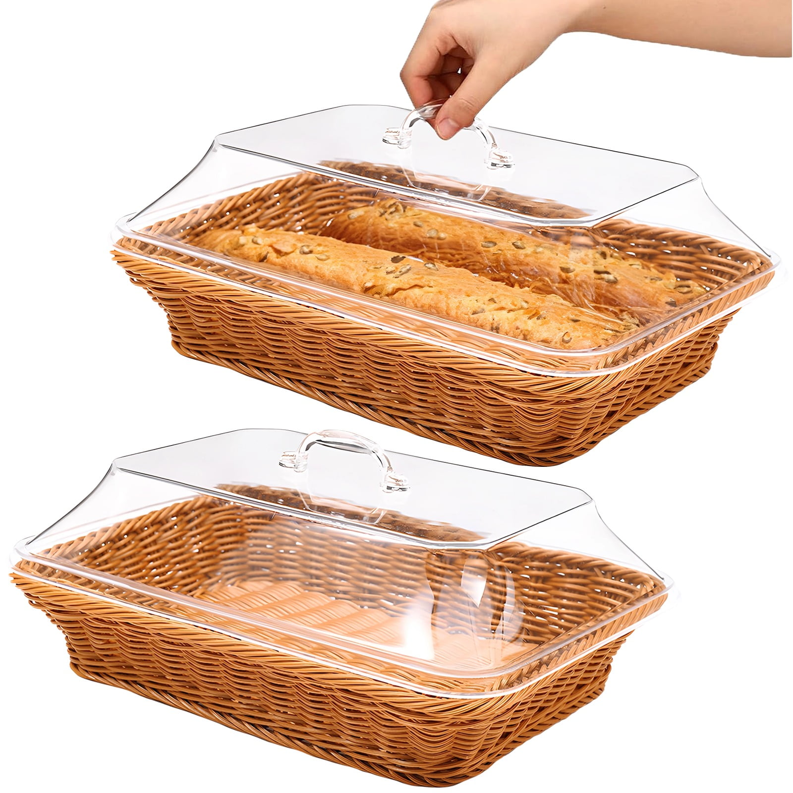2 PCS Imitation Rattan Bread Baskets, Wicker Bread Baskets with Acrylic Lids, Woven Bread Basket with Dustproof Cover, Fruit Tray, Rattan Food Serving Tray for Kitchens, Dining Tables, Restaurants