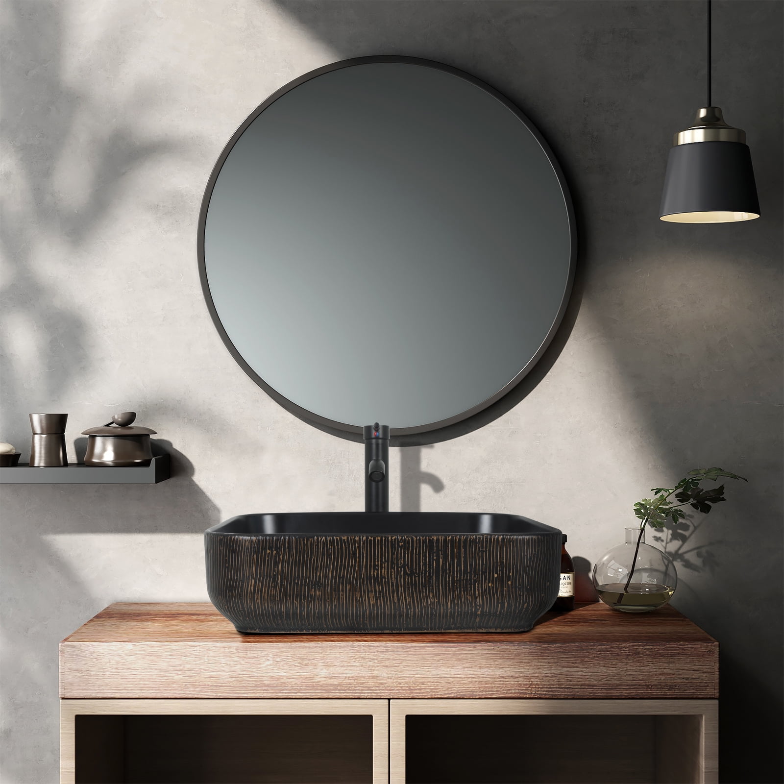 FULLWATT Ceramic Bathroom Sink, Above Counter Ceramic Vanity with Faucet and Pop-Up Drain Combo, Rectangular Modern Above Counter Bathroom Sink