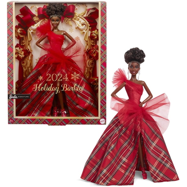 Barbie Signature Doll, 2024 Holiday Fashion Doll with Brown Hair Wearing Plaid Gown, Seasonal Collector Gift in Displayable Packaging