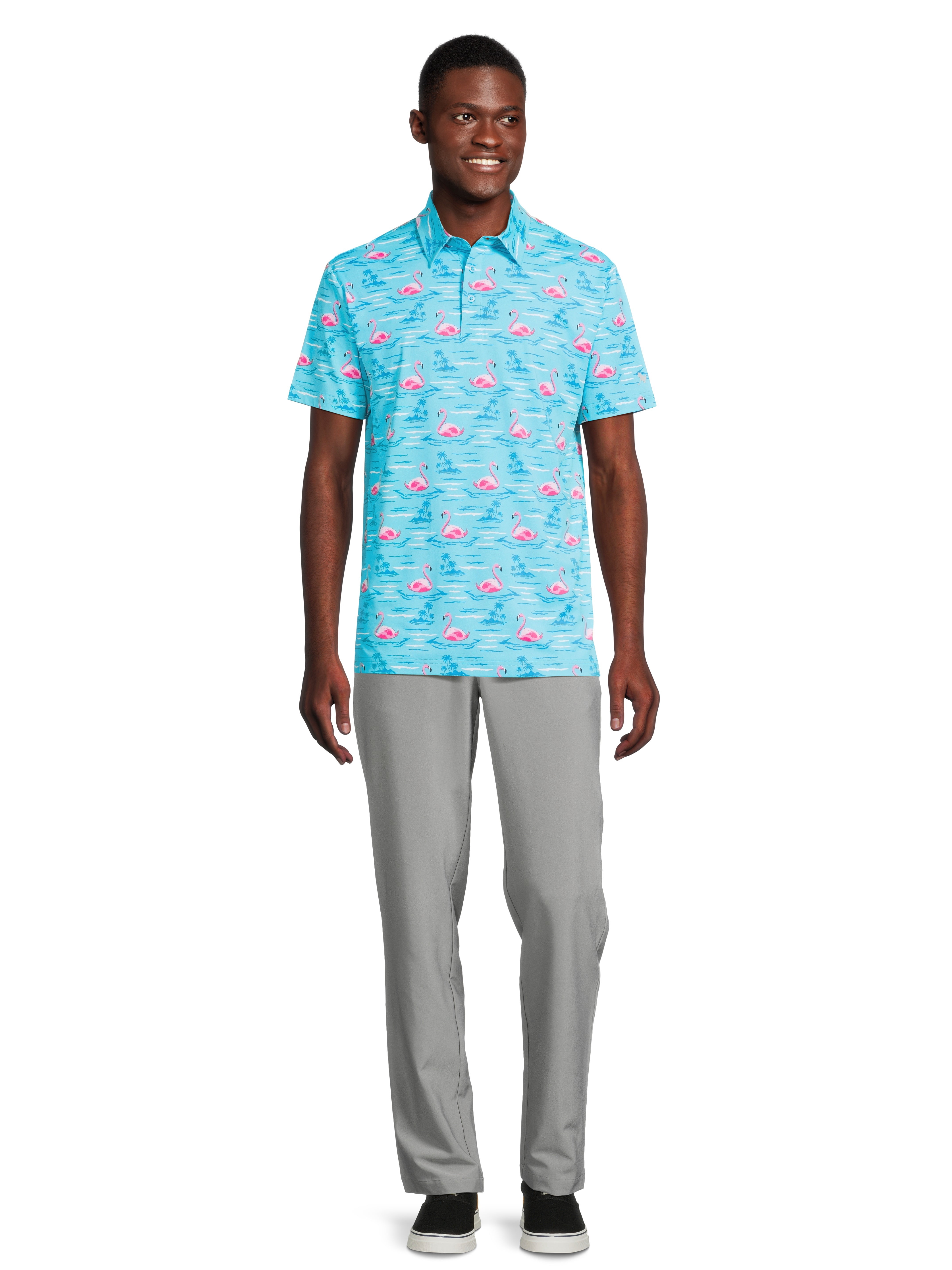 Birdie Bound Men's and Big Men's Graphic Flamingo Print Golf Polo Shirt, Sizes S-3XL