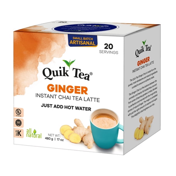 QuikTea Instant Ginger Chai Tea Latte, 20 Single-Serve Sachets, Artisanal Indian Chai Latte Mix, Just Add Hot Water, Low Caffeine, Non-GMO, Gluten Free