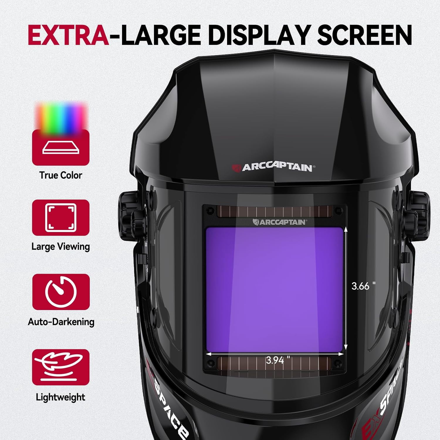 ARCCAPTAIN Auto Darkening Welding Helmet - 180° Panoramic View | 1/1/1/1 True Color Large Lens | 4 Arc Sensors & Solar Power | Shade 4-13 | For TIG, MIG, Arc, Cutting