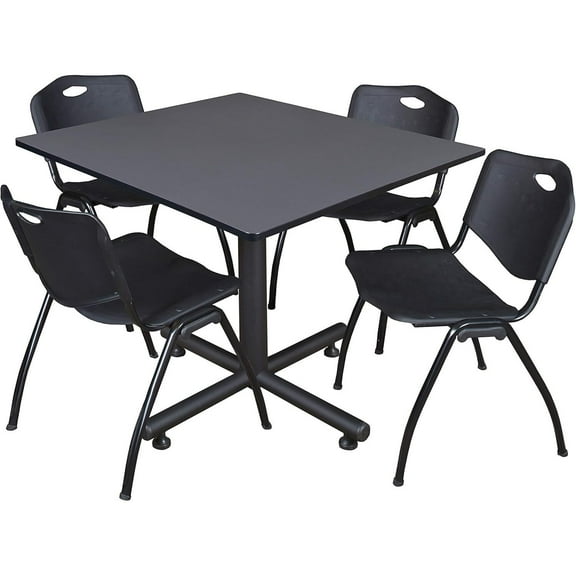 HomeStock Earthy Elements 48" Square Breakroom Table- Grey & 4 'M' Stack Chairs- Black, Ideal for Cafeterias, Dining, and Office Spaces