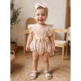 thumbnail image 4 of BemeyourBBs Newborn Baby Girl Summer Clothes Cotton Linen Outfit Infant Bubble Romper Cute Floral Bow Print Fake Two Pieces Flutter Sleeve Bodysuit Jumpsuit Playsuit with Headband, 4 of 9