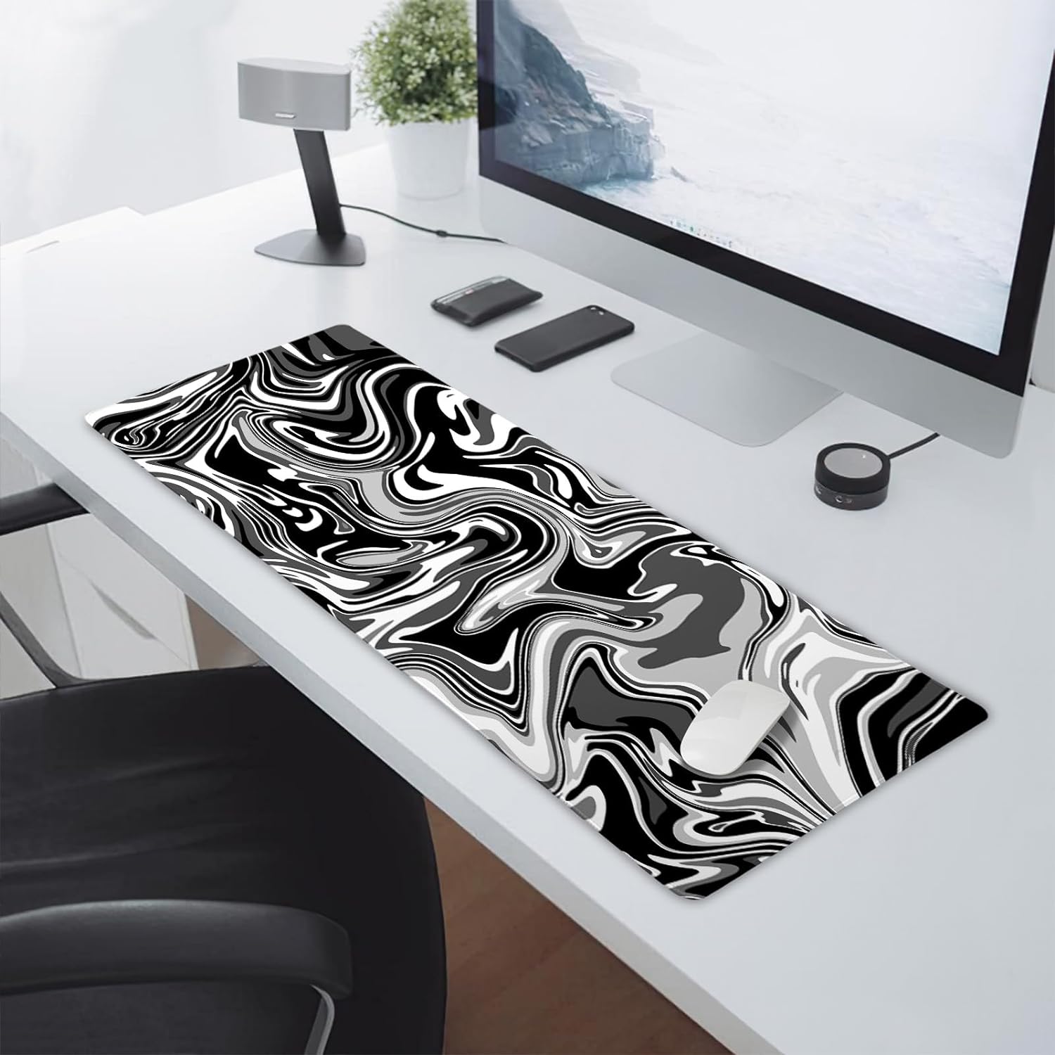 Black White Swirl Gaming Mouse Pad XL Gray Marble Grey Fluid Design Extended Large Mouse Pad Big Desk Mat Non-Slip Rubber Base Stitched Edge Long Keyboard Playmat for Desk Computer,31.5×11.8 Inch