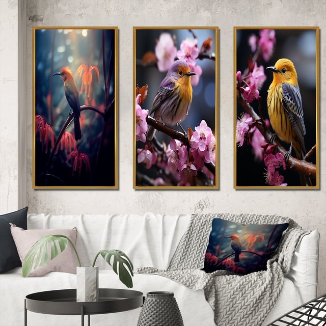 Designart "Yellow Bird Amid Cherry Blossoms V" Animals Framed Wall Art Set Of 3 - Orange Bird Frame Canvas Set For Living Room Decor