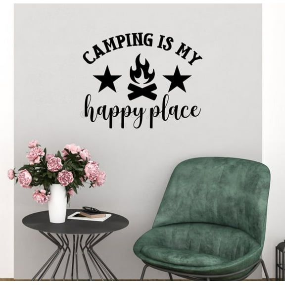 Camping is My Happy Place Campfire Camper RV Decals - Vinyl Camper Decals - RV Camper Decals Sayings for Wall Decor - Decals for RV Trailers - Die-Cut Vinyl Graphics for RV, 23x18.5-Inch, Black