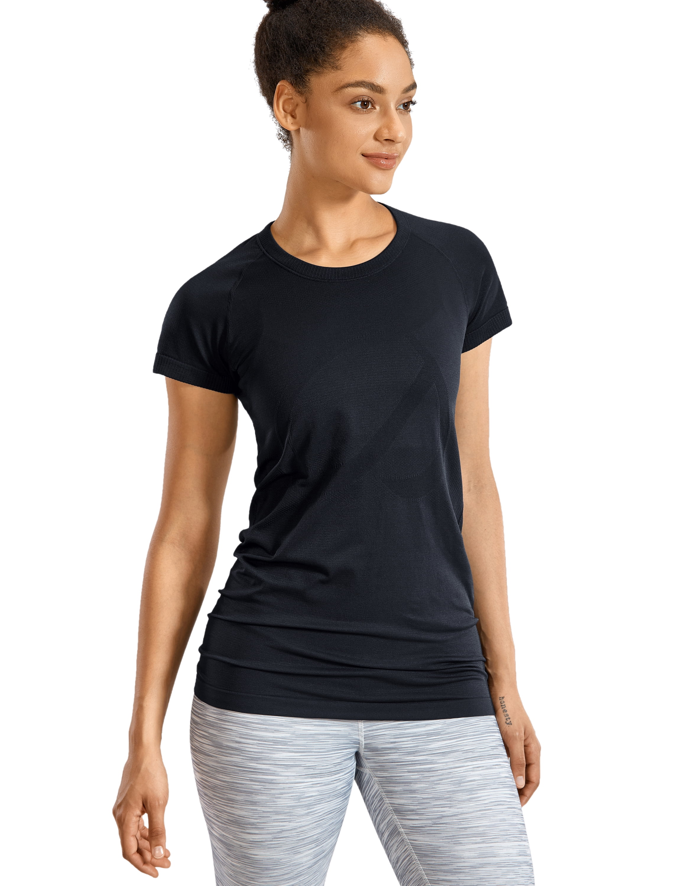 CRZ YOGA Seamless Workout Shirts for Women Short Sleeve Plain Tees Quick Dry Gym Athletic Tops 
