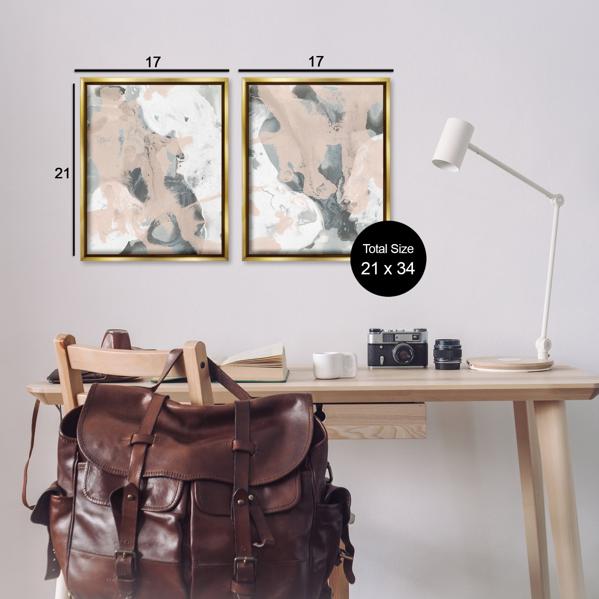 Stupell Industries Beige & Gray Splashes Abstract Painting Gold Floater Framed Canvas Art Print Wall Art, 17 x 21, Set of 2
