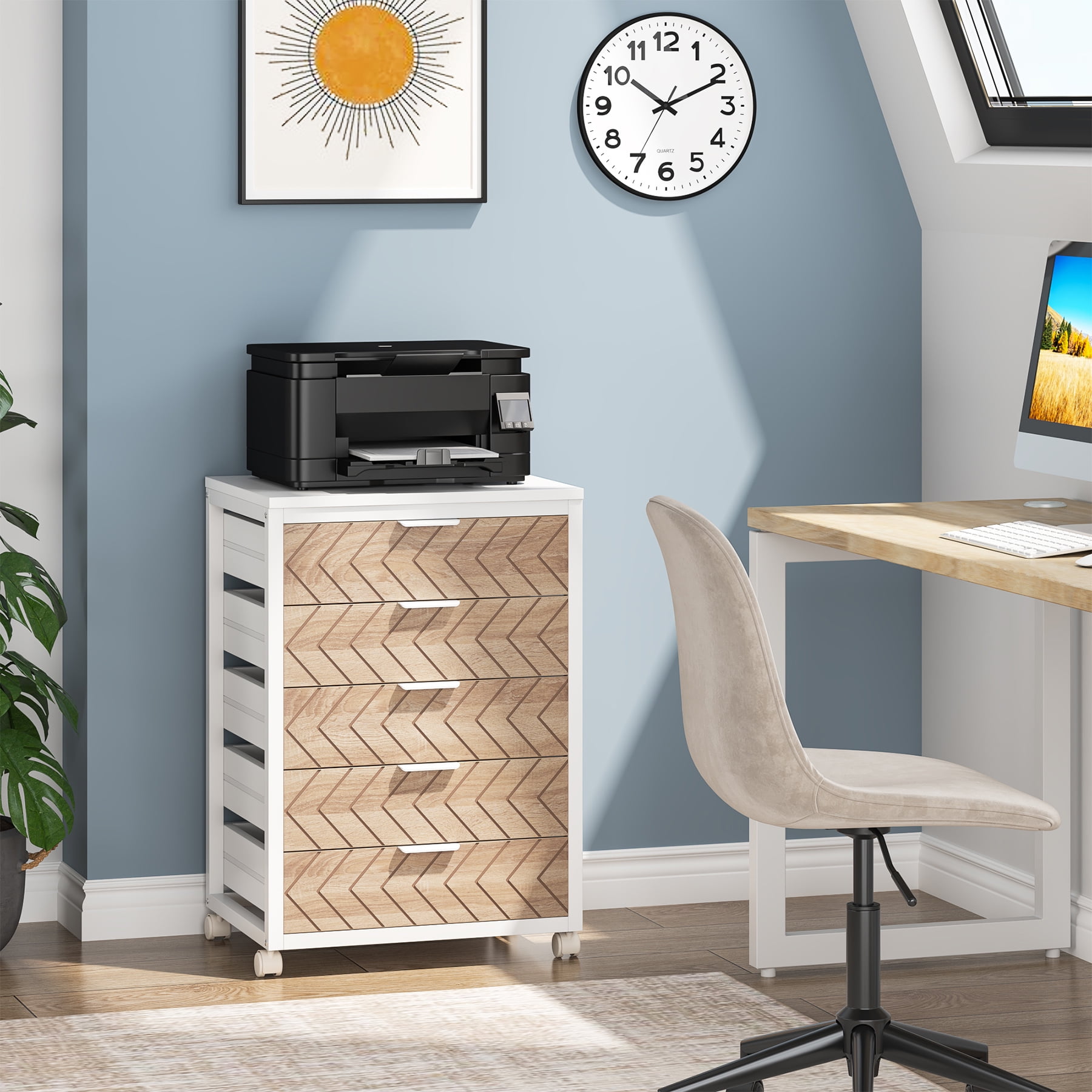 Tribesigns 5-Drawer Industrial Storage Organizer Wood Chest Dresser with Wheels, Beige & White
