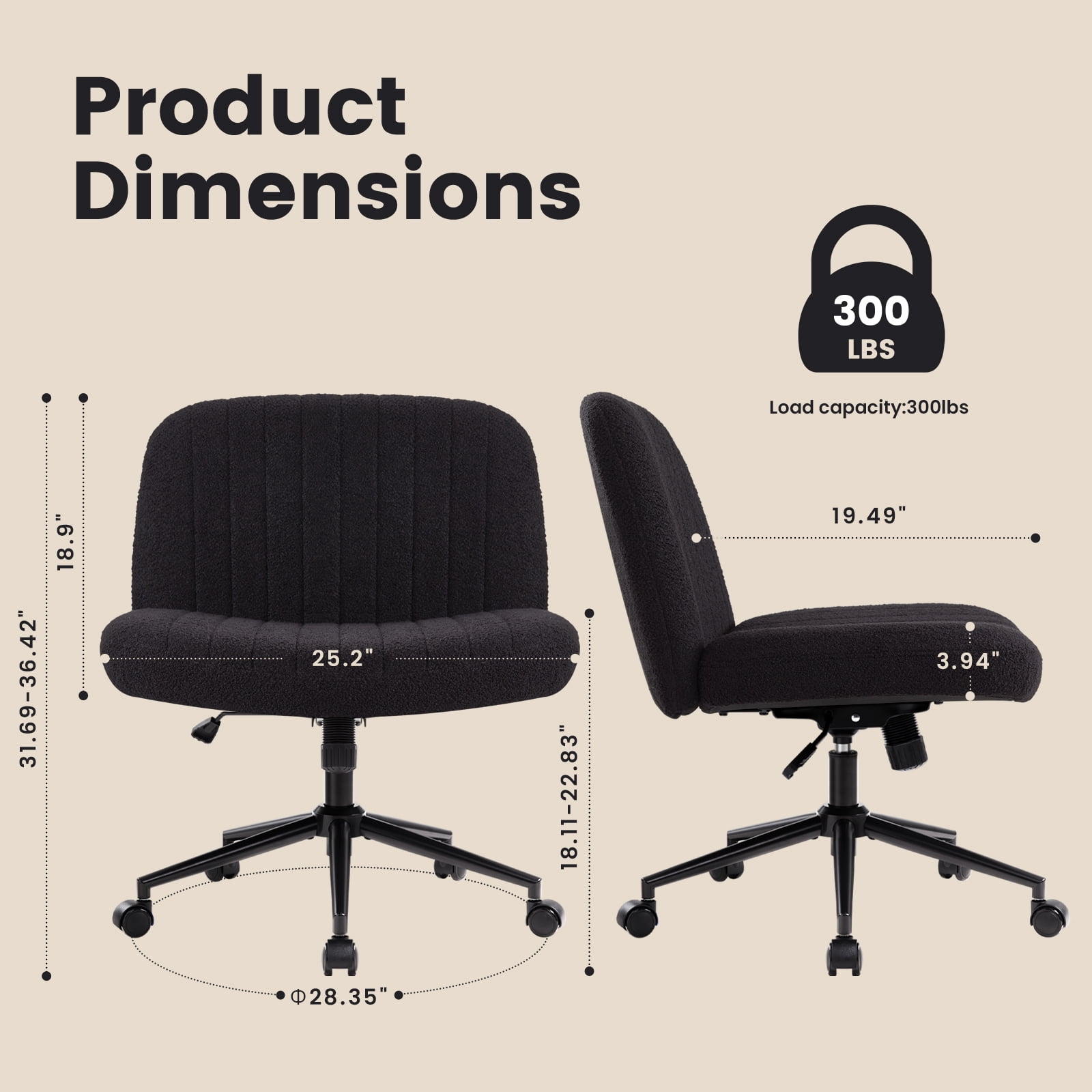 Black Criss Cross Chair Cross Legged Office Chair with Wheels Armless Wide Seat Desk Chairs Height Adjustable Computer Task Chairs Swivel Vanity Chair for Home Office Bedroom Make Up Soft Fabric