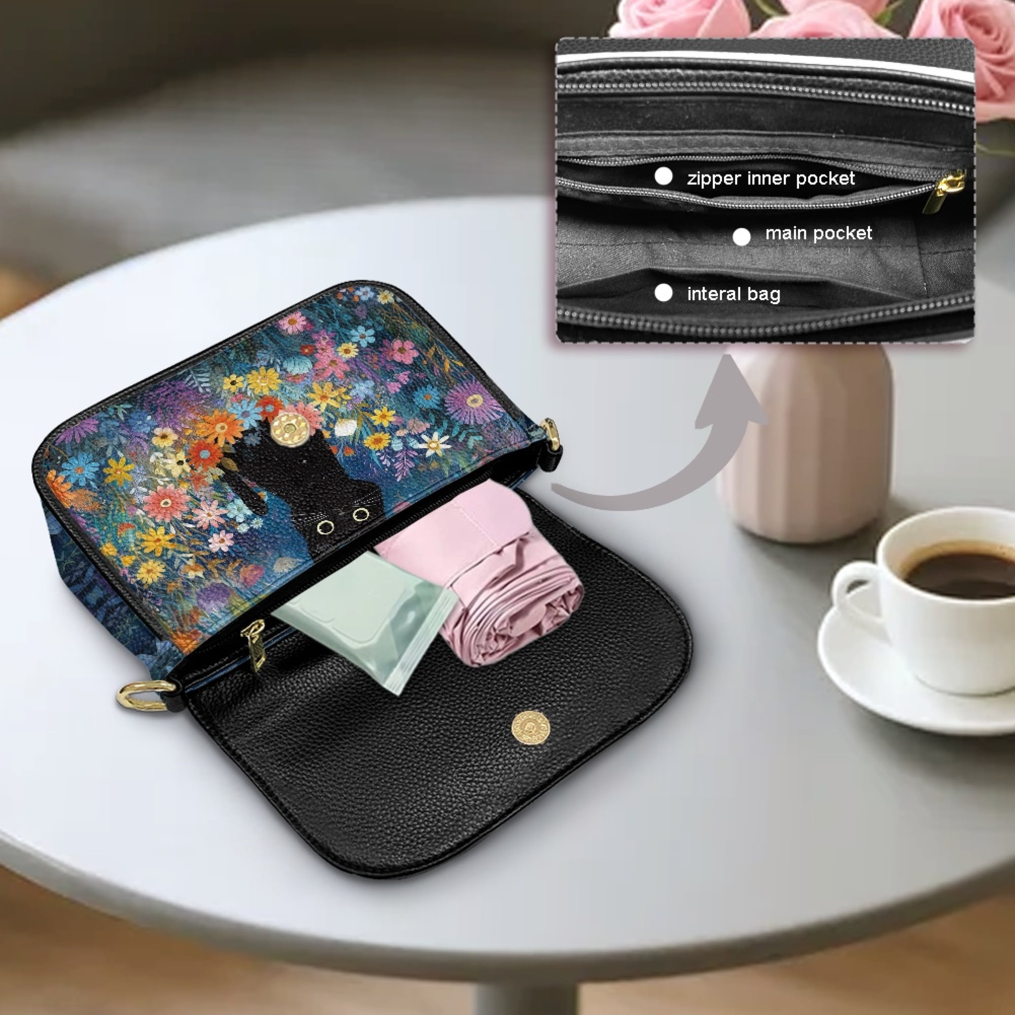 TSOVTHRID Black Cat Colorful Daisy Print Crossbody Purse for Women, PU Leather Cell Phone Purse, Trendy Crossbody Bags, Handbags Shoulder Bag for Travel Party