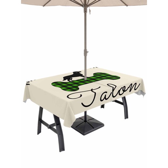 Outdoor Tablecloth with Umbrella Hole for Patio/Picnic/Party/Camping, Green Black Buffalo Checkered Waterproof Table Cloth Rectangle Table Cover Washable, Bones Cute Dogs Pets (52"x 70")