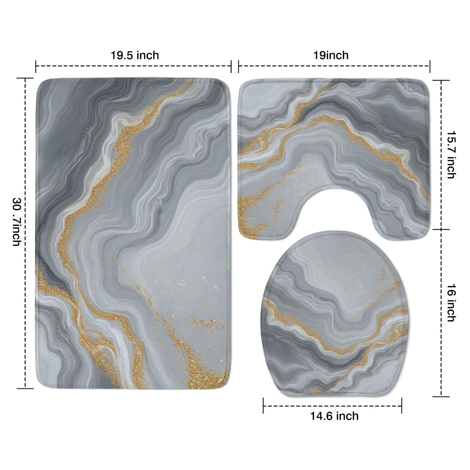 Gray Marble Gold Wave Pattern Bathroom Rugs Sets 3 Piece,Toilet Cover Set,Absorbent Non Slip Bathroom Mats Sets with U-Shaped Contour Rug Toilet Rug Set