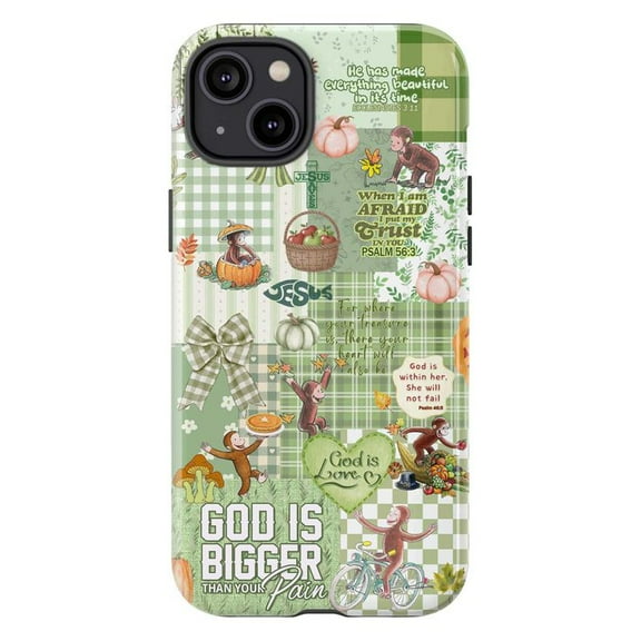 Christian Fall with Curious Monkey Collage Phone Case, Bible Verse and Faith Quote iPhone Cover, God Is Bigger Than Your Pain Inspirational Case for iPhone 16 15 14 13 12 11 Pro Plus Max Mini