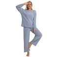 thumbnail image 4 of DAKIMOE Lounge Sets for Women Pajamas Long Sleeve Sleepwear Soft Nightwear 2 Piece Pjs Ribbed Knit Fall Winter Outfits Pockets, Gray Blue, XXL, 4 of 9